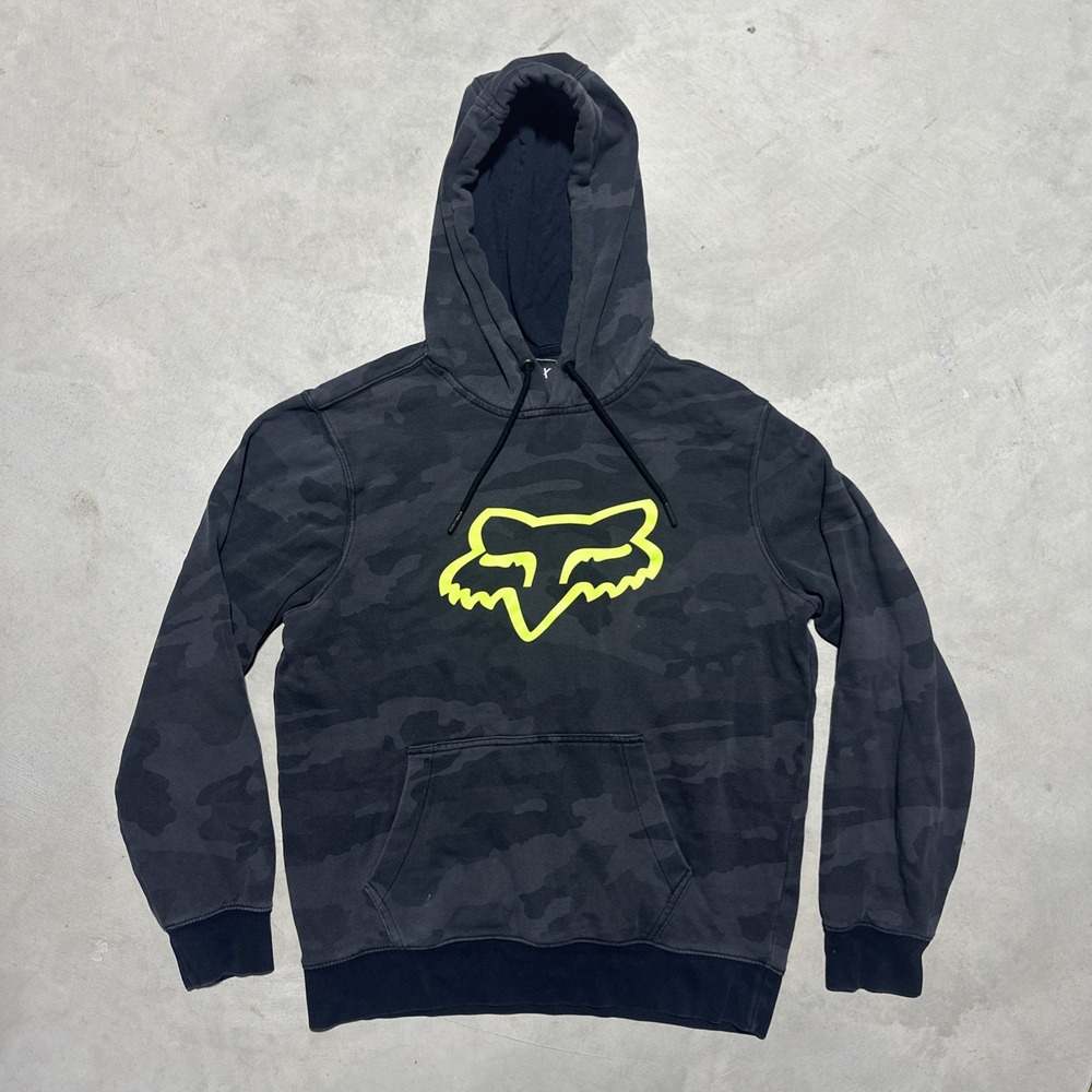 Y2K Fox Racing Sweater Men's M Gray Camo Graphic Logo Motorcross Racing Hoodie